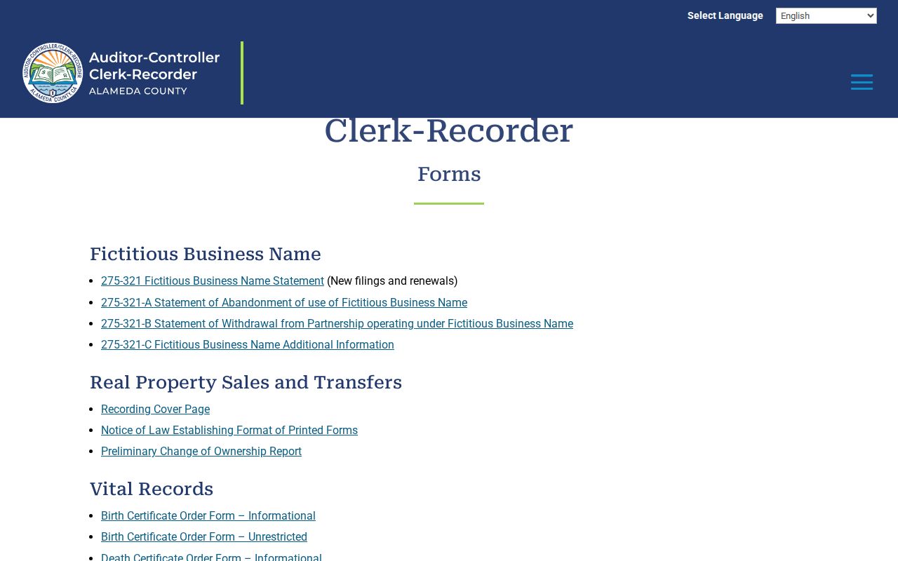 Alameda previous residents Clerk-Recorder vital and recording forms
