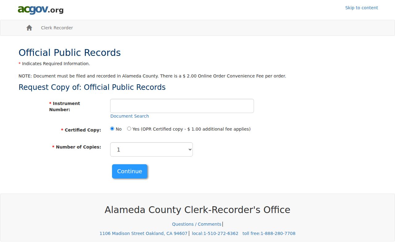 Alameda previous residents recorded-document copy ordering