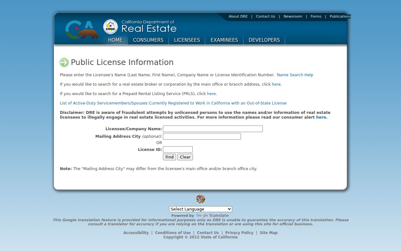 Alameda resident lookup real estate license search